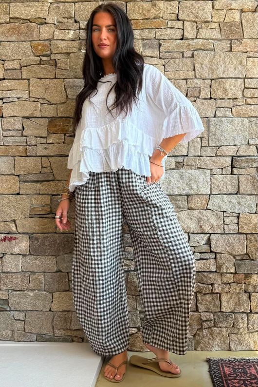 Nonni Gingham Relaxed Barrel Pant Chocolate